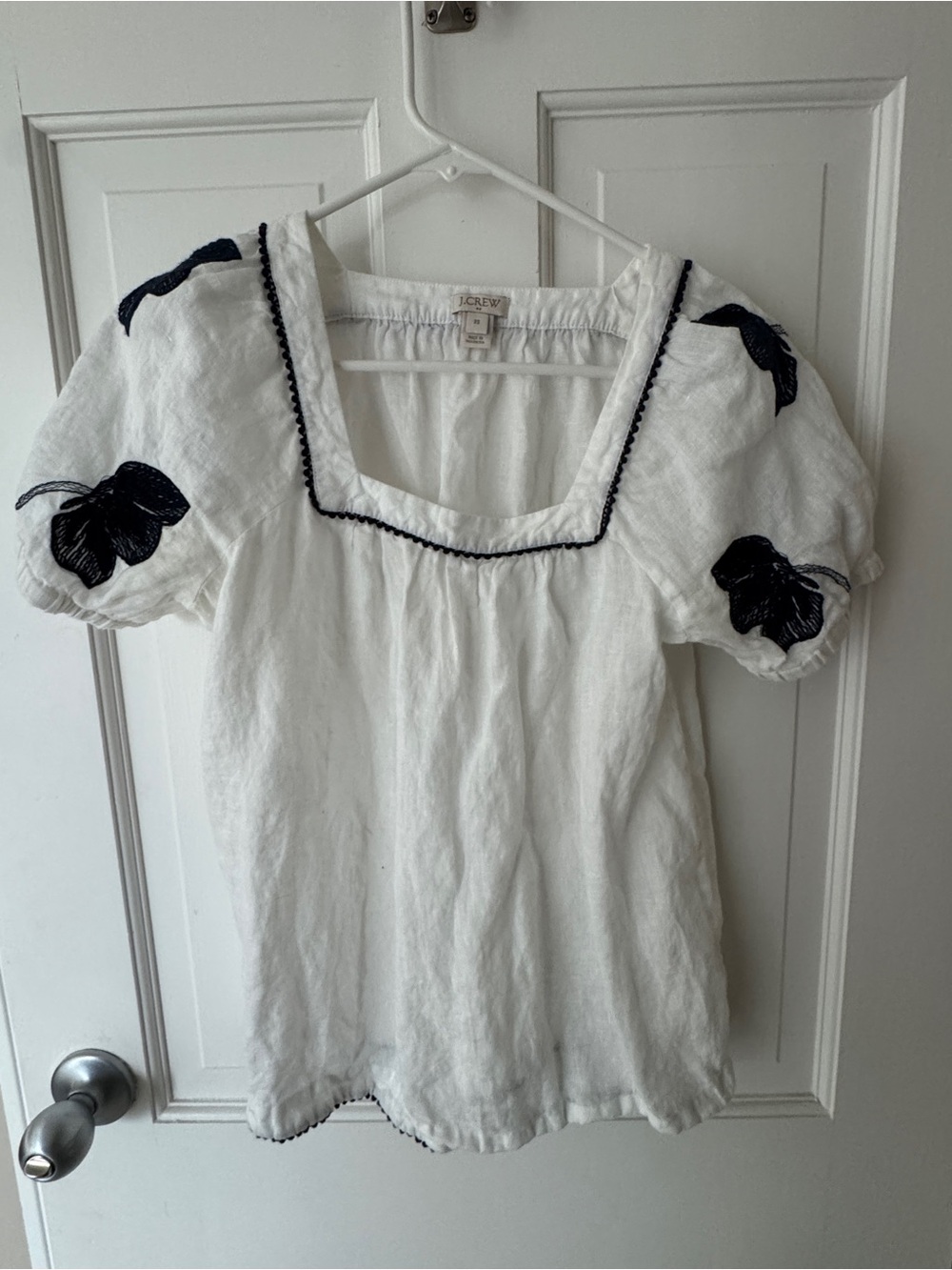 J. Crew White Linen Square-Neck Top with Navy Floral Embroidery